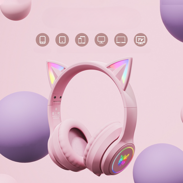 Headset Gatinho - com Bluetooth e Luz RGB Colorida